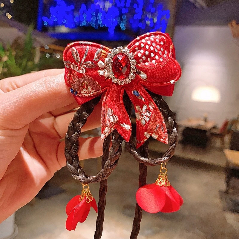 New children's Hanfu and Tang suit hair clip, false braid design, tassel, Chinese style, double-clip bow, New Year hair accessory h Item Picture
