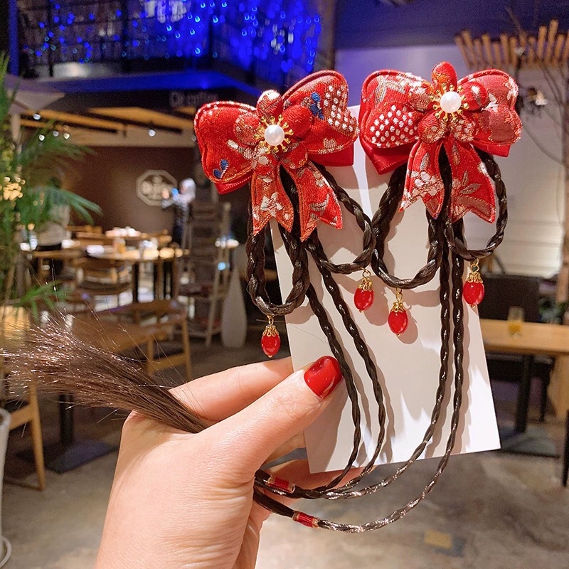 New children's Hanfu and Tang suit hair clip, false braid design, tassel, Chinese style, double-clip bow, New Year hair accessory h Application Scenario