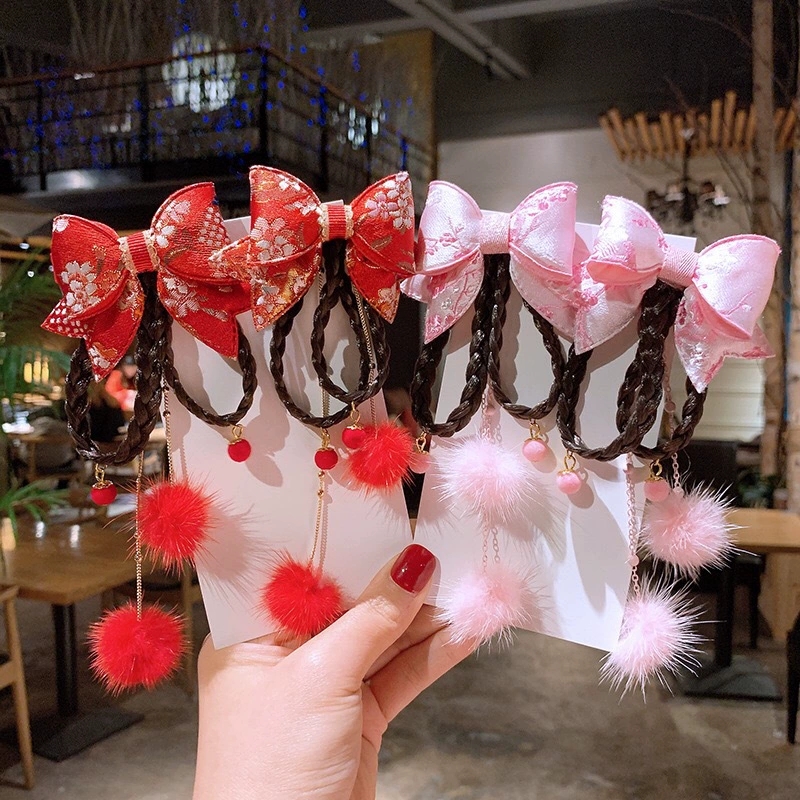 New children's Hanfu and Tang suit hair clip, false braid design, tassel, Chinese style, double-clip bow, New Year hair accessory h Specification drawing