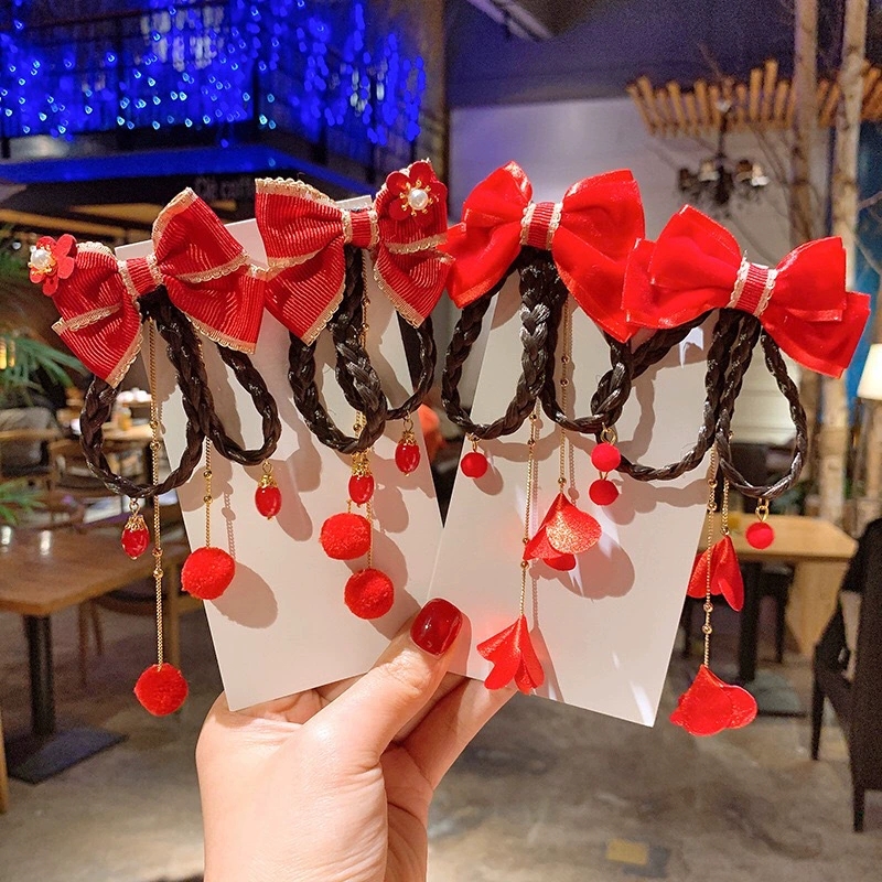 New children's Hanfu and Tang suit hair clip, false braid design, tassel, Chinese style, double-clip bow, New Year hair accessory h details Picture