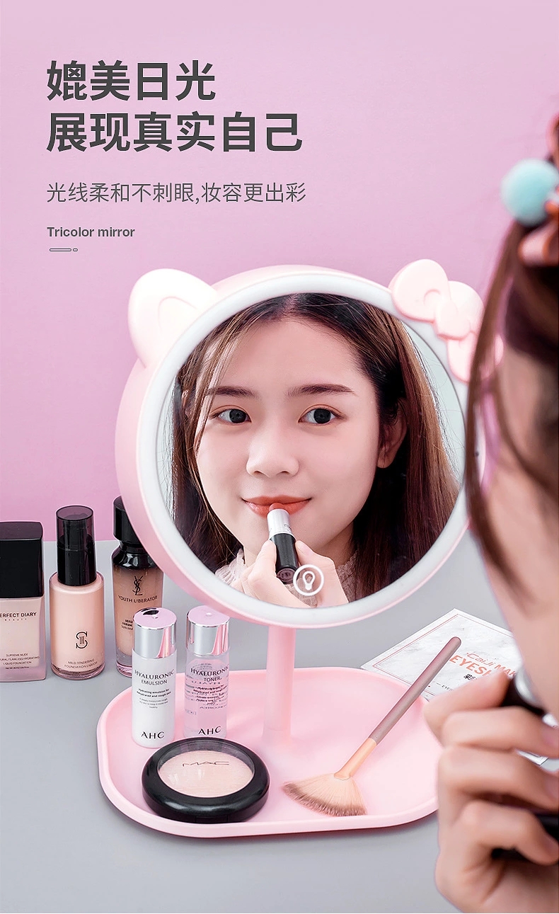 New high-appearance-level color rendering makeup mirror with LED light fill light beauty mirror folding student portable dressing mirror round Item Picture