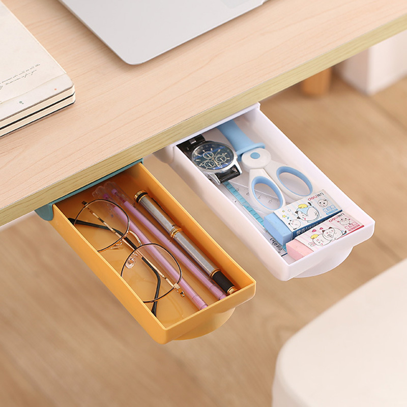 Cartoon smiling face drawer-style storage box, no need to punch holes, hidden stationery and pen cases under the table, household small item storage rack