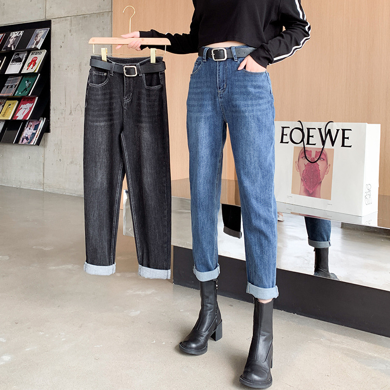 Jeans lady 2020 autumn/winter new versatile dad student Harun Korean version of high waist straight tube loose radish pants