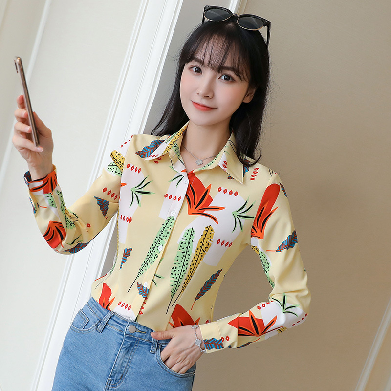 New spring and autumn Korean-style slim-fit shirt for women, long-sleeved printed striped trendy base layer, Hong Kong-style top for women