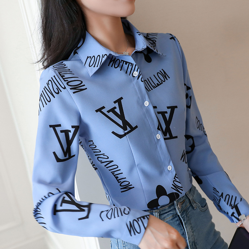 New spring and autumn Korean-style slim-fit shirt for women, long-sleeved printed striped trendy base layer, Hong Kong-style top for women Specification image