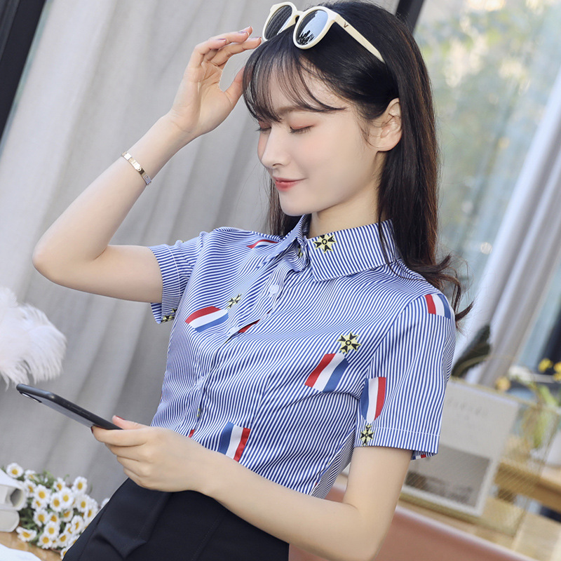 Printed 20 summer shirt, women's short-sleeved shirt, new slimming and slim white shirt, pattern white star top details Picture