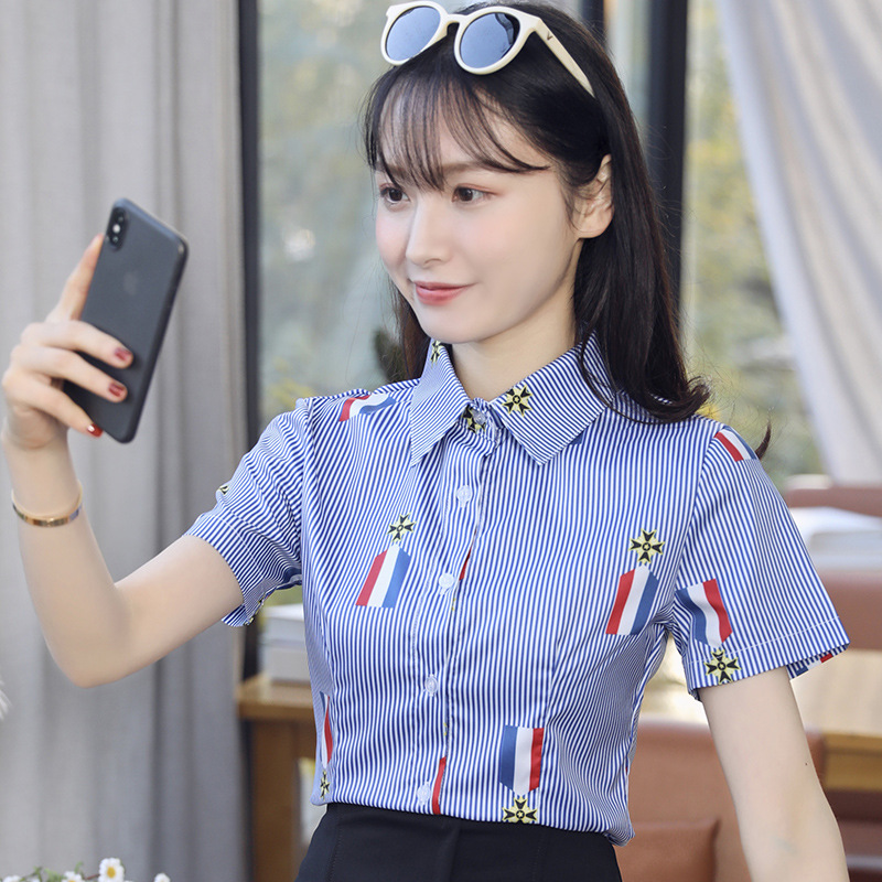 Printed 20 summer shirt, women's short-sleeved shirt, new slimming and slim white shirt, pattern white star top Item Picture