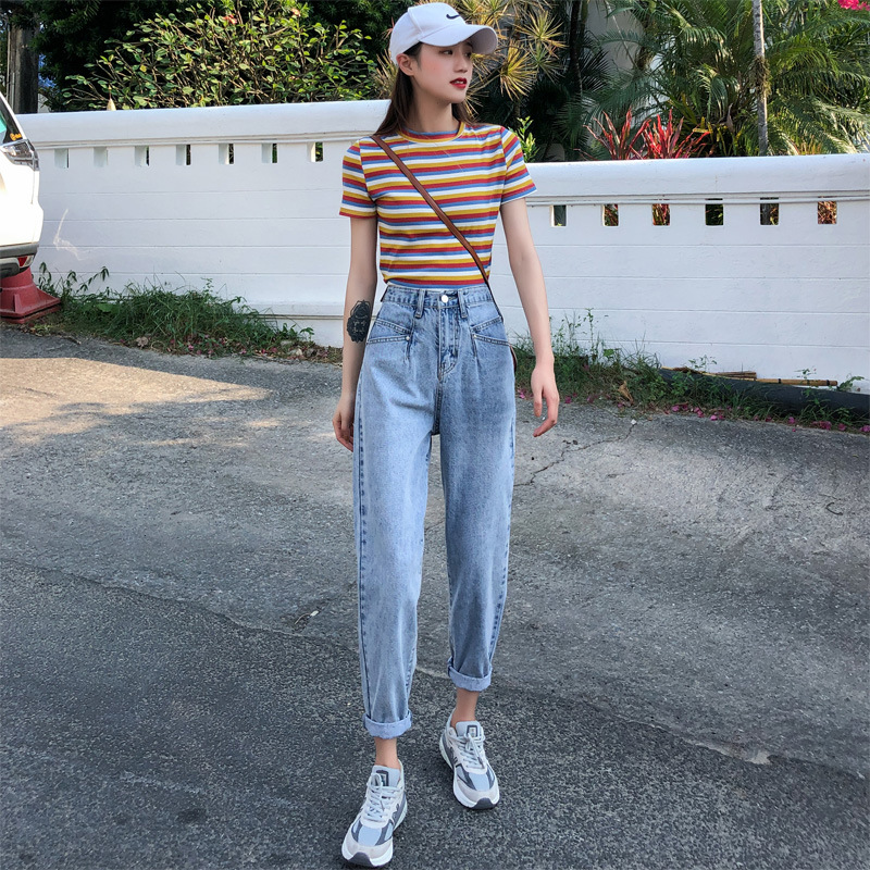 Female jeans dad nine points loose waist Korean autumn high waist straight tube loose slim radish wide leg pants