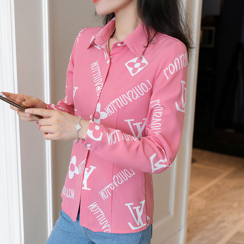 New spring and autumn Korean-style slim-fit shirt for women, long-sleeved printed striped trendy base layer, Hong Kong-style top for women Application Scenario