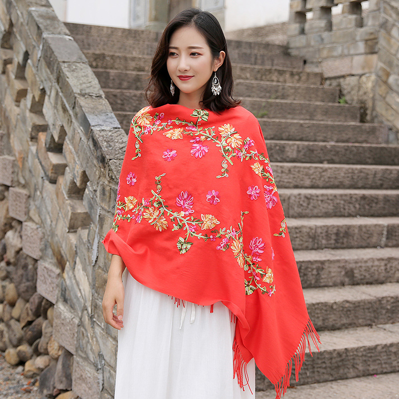 民族风仿羊绒刺绣绣花小雏菊花围巾披肩丽江风情旅行拍照开车空调