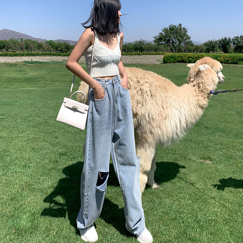 Denim Ladies spring/fall new pants High-waisted Harlan floor-torn wide leg pants Straight leg loose jeans