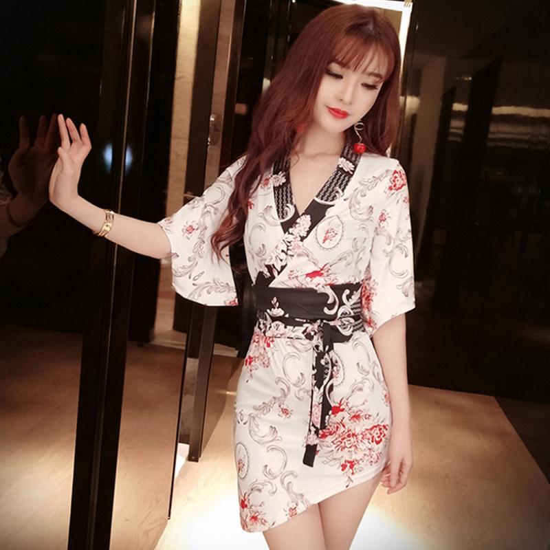 格格家 夏季新款夜店女装性感V领收腰复古包臀裙花色一步裙连衣裙