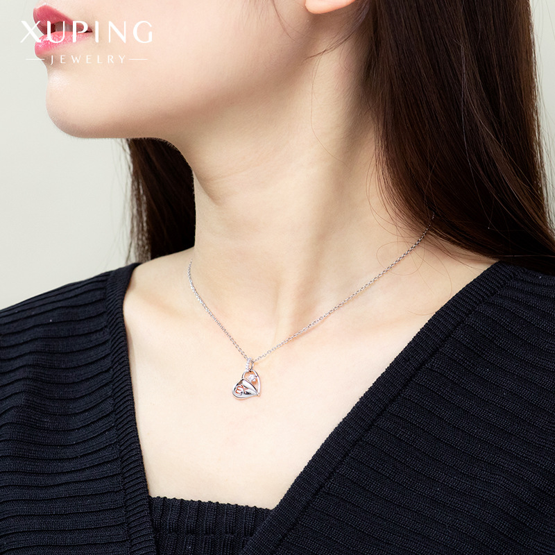 Xuping Jewelry's new white gold plated, zircon inlaid collarbone chain, copper alloy electroplated, Japanese and Korean heart-shaped necklace for women