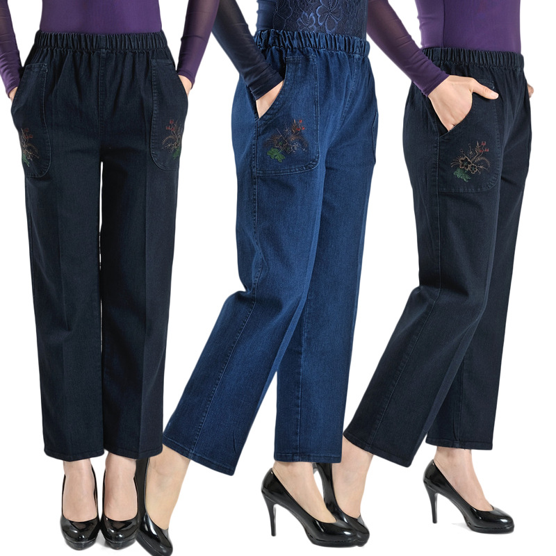 Factory direct supply of women's jeans for middle-aged and elderly people. Spring 2020 straight-leg high-waisted elastic band loose jeans for women Specification image