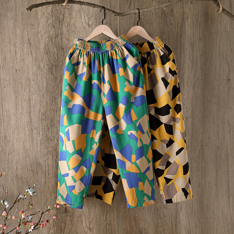 Cotton and linen pants, thin summer pants for women, Harem pants, loose printed oversized pants, mom pants for women, linen 9-inch casual pants Specification image