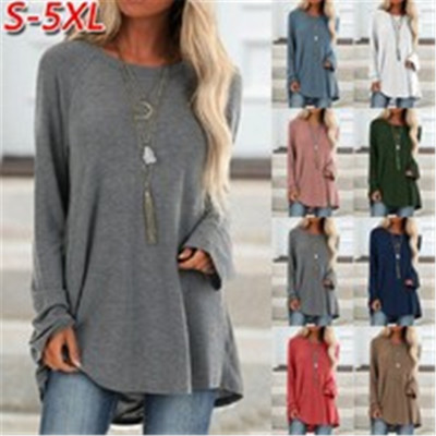 wish's autumn bestseller for cross-border women's clothing: solid-color casual large-sized round-neck loose long-sleeved pullover T-shirt, mid-length style