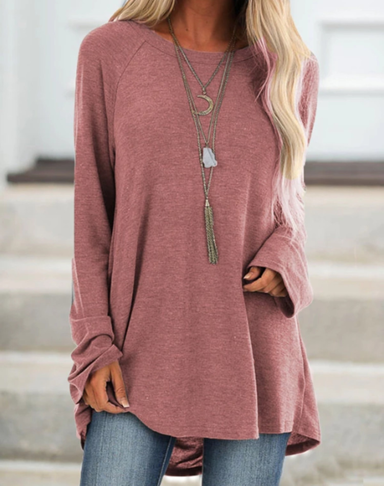 wish's autumn bestseller for cross-border women's clothing: solid-color casual large-sized round-neck loose long-sleeved pullover T-shirt, mid-length style Specification image