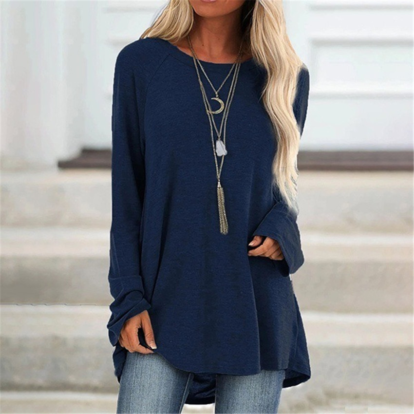 wish's autumn bestseller for cross-border women's clothing: solid-color casual large-sized round-neck loose long-sleeved pullover T-shirt, mid-length style Item Picture