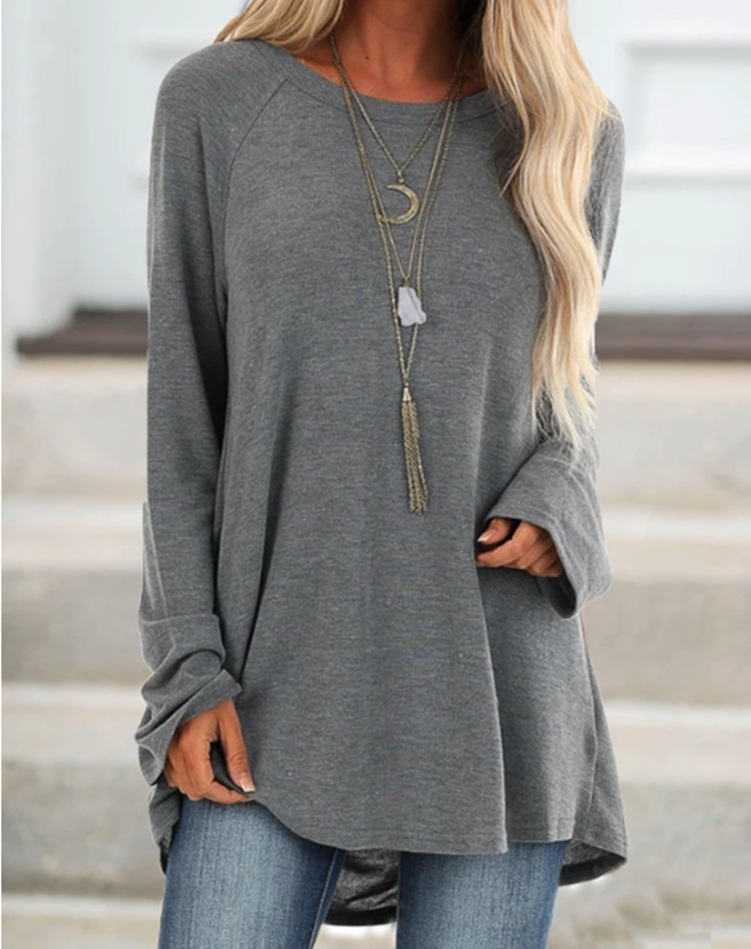 wish's autumn bestseller for cross-border women's clothing: solid-color casual large-sized round-neck loose long-sleeved pullover T-shirt, mid-length style details Picture