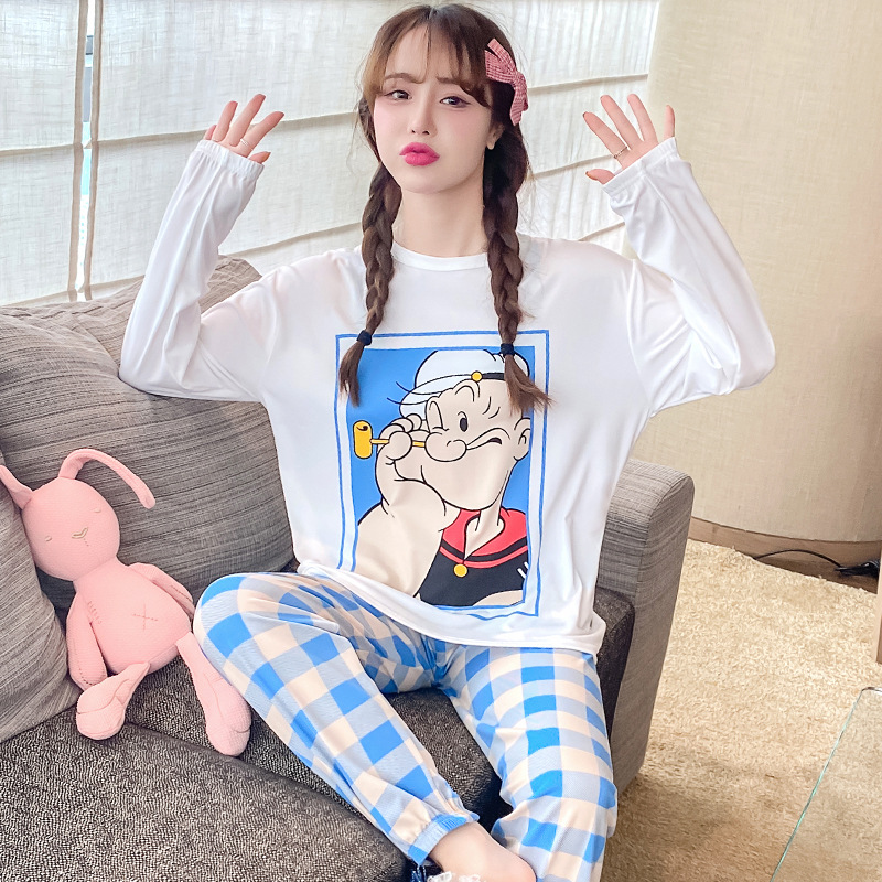 Spring and autumn new cartoon casual round-neck long-sleeved long pants set, milk silk drawstring home wear two-piece set for export Specification image