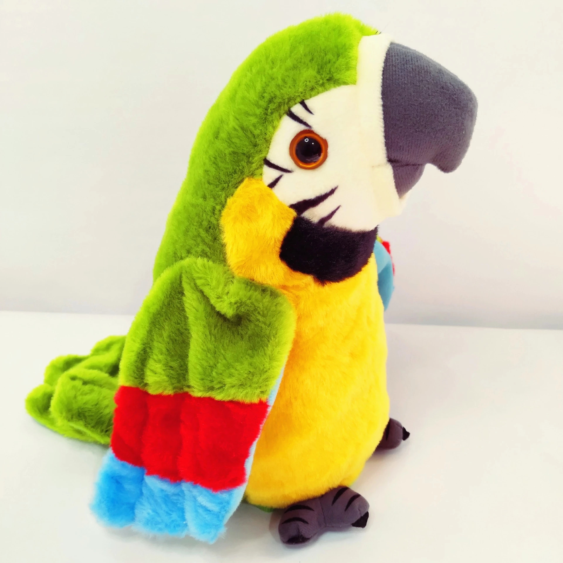 Novel audio parrots learning to speak, flapping their wings, electric educational plush toys, and parrot figurines are selling well at street stalls Specification drawing