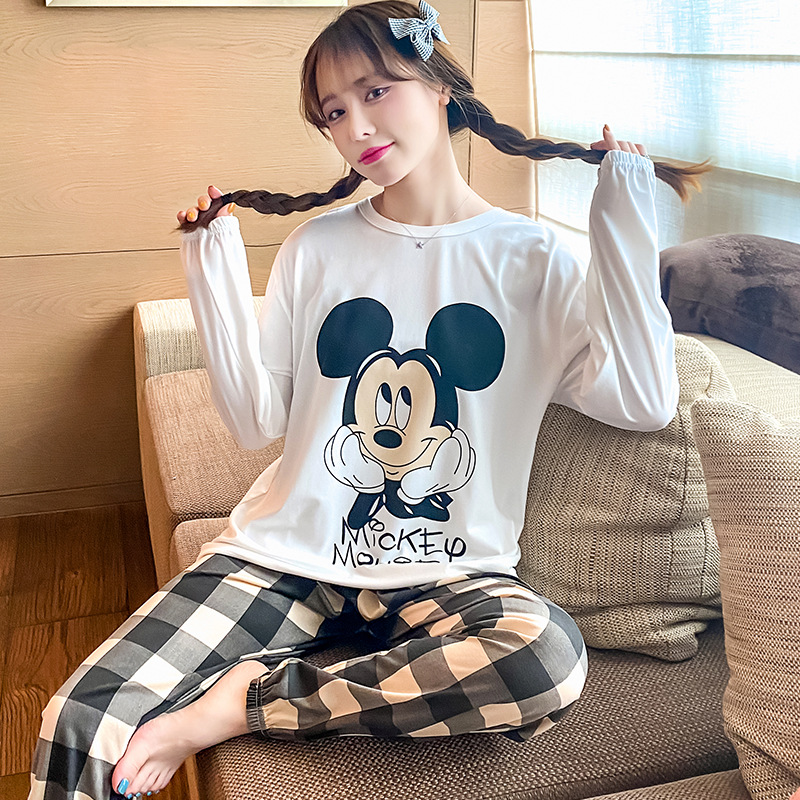 Spring and autumn new cartoon casual round-neck long-sleeved long pants set, milk silk drawstring home wear two-piece set for export details Picture
