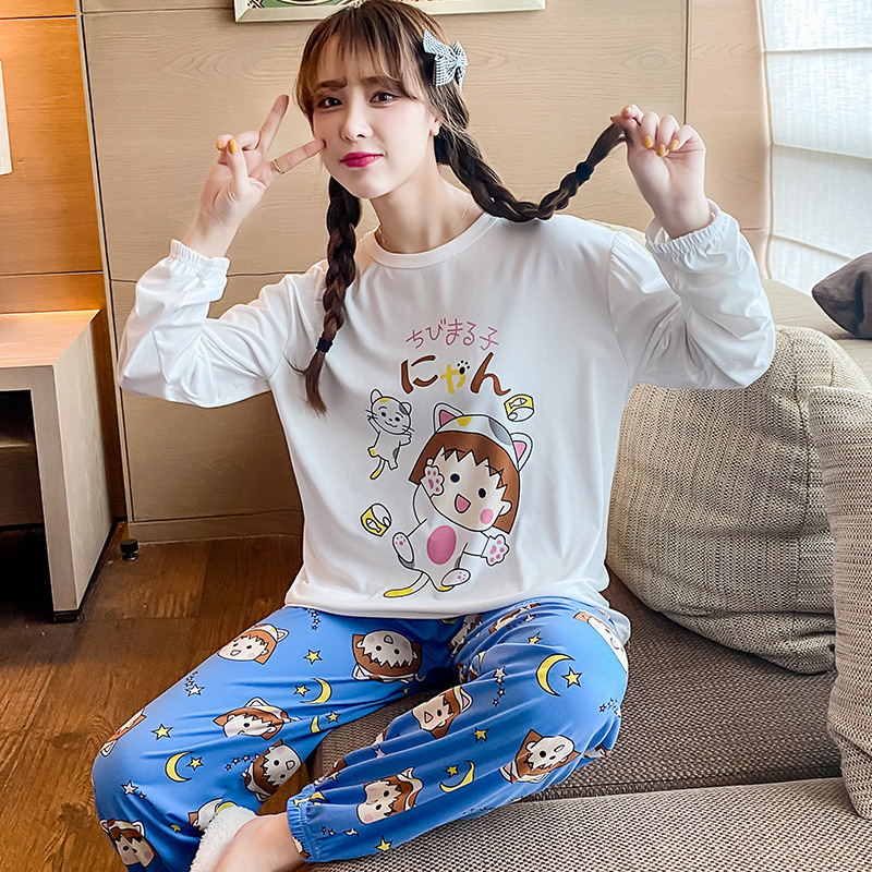 Spring and autumn new cartoon casual round-neck long-sleeved long pants set, milk silk drawstring home wear two-piece set for export