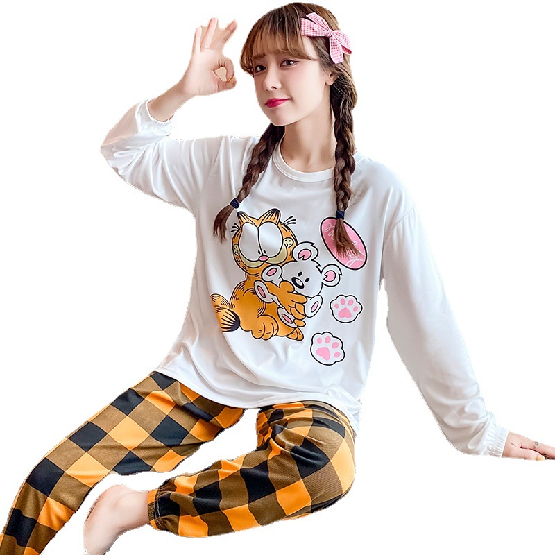 Spring and autumn new cartoon casual round-neck long-sleeved long pants set, milk silk drawstring home wear two-piece set for export Item Picture
