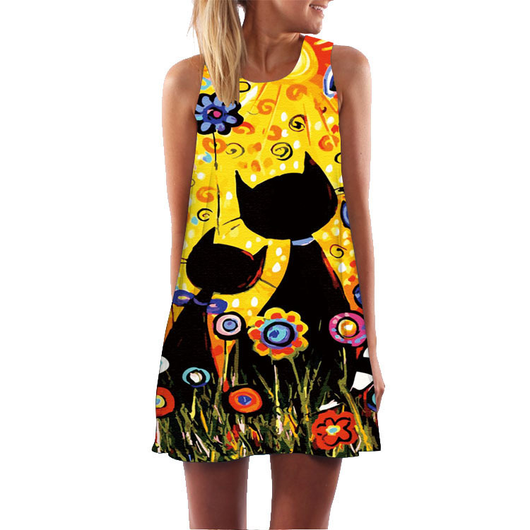 2021 Spring/Summer New Amazon cross-border European and American women's 3D printed sleeveless dress, plus-size sexy A-line dress