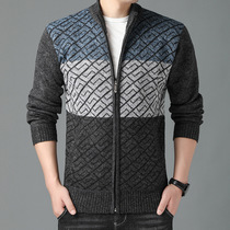 Autumn and winter new men's cardigans sweater sweater middle-aged stand collar zipper sweater men's wide stripes clash color velvet