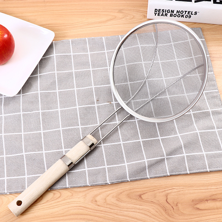 16-26# wooden handle double-wire reinforced stainless steel mesh strainer, kitchen wooden handle stainless steel filter screen strainer