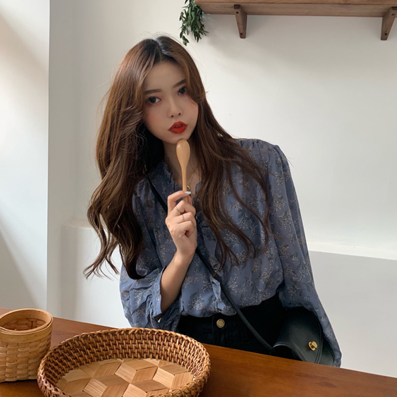 The 2020 new style of Korean-style, gentle and stylish floral chiffon sweater for women, long-sleeved base layer and puffed sleeve top Application Scenario