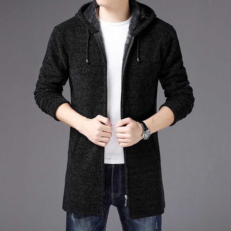 Medium long money adds fleece slender figure to show thin black hooded sweater coat man autumn winter new style cardigan tide
