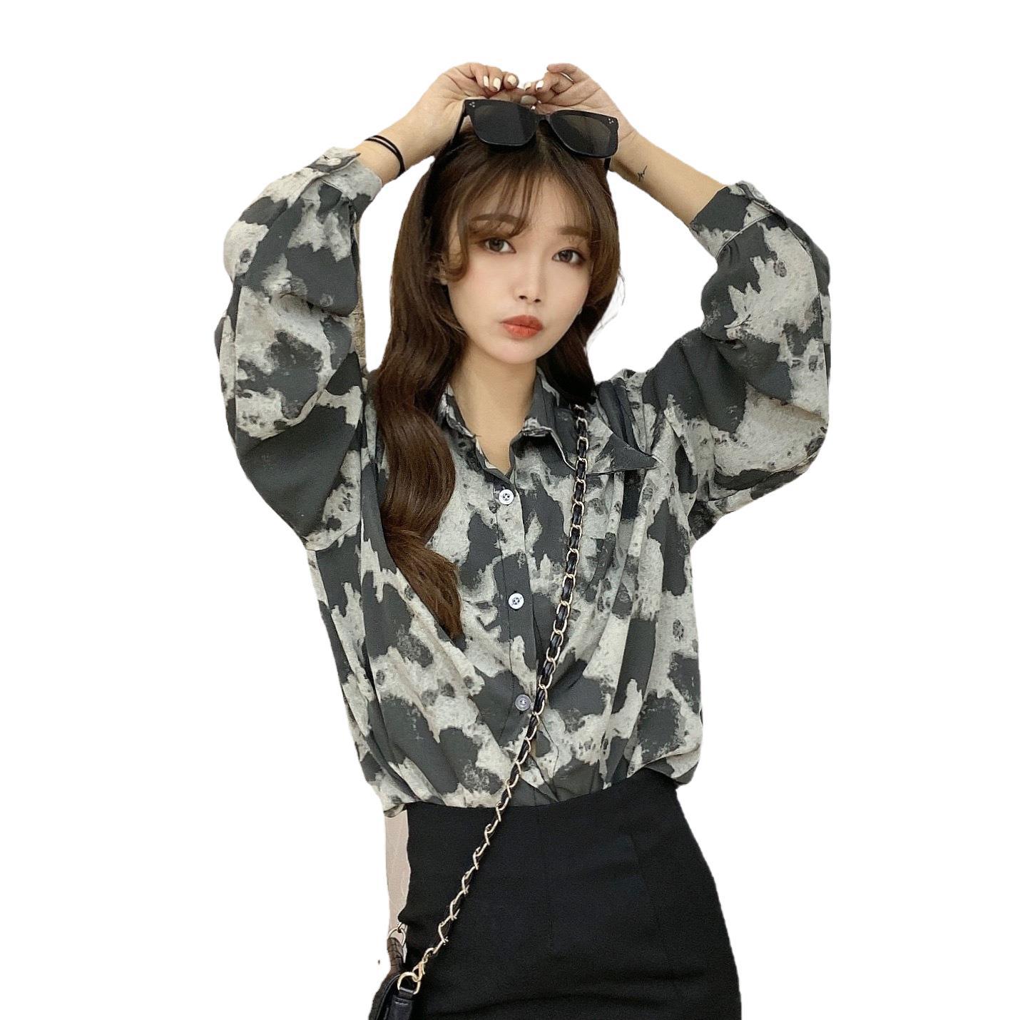 Tie-dye camouflage leopard print chiffon shirt for women, 20 new style Hong Kong-style loose and drape long-sleeved shirt Item Picture