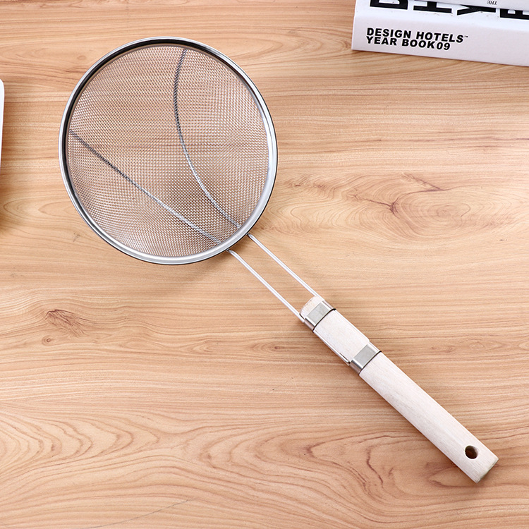 16-26# wooden handle double-wire reinforced stainless steel mesh strainer, kitchen wooden handle stainless steel filter screen strainer details Picture
