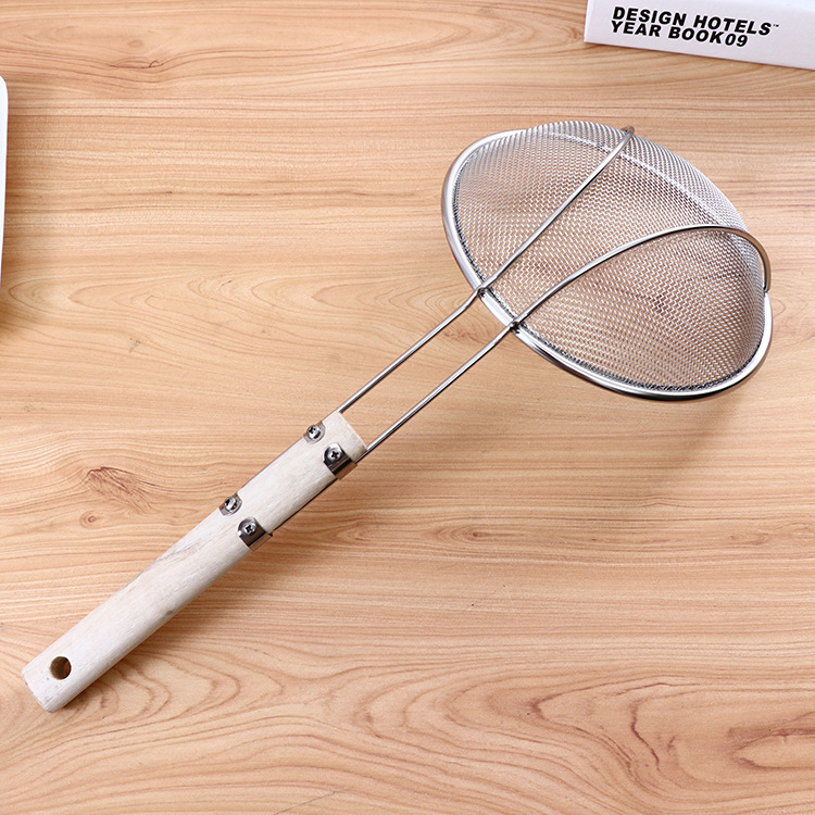 16-26# wooden handle double-wire reinforced stainless steel mesh strainer, kitchen wooden handle stainless steel filter screen strainer Specification image