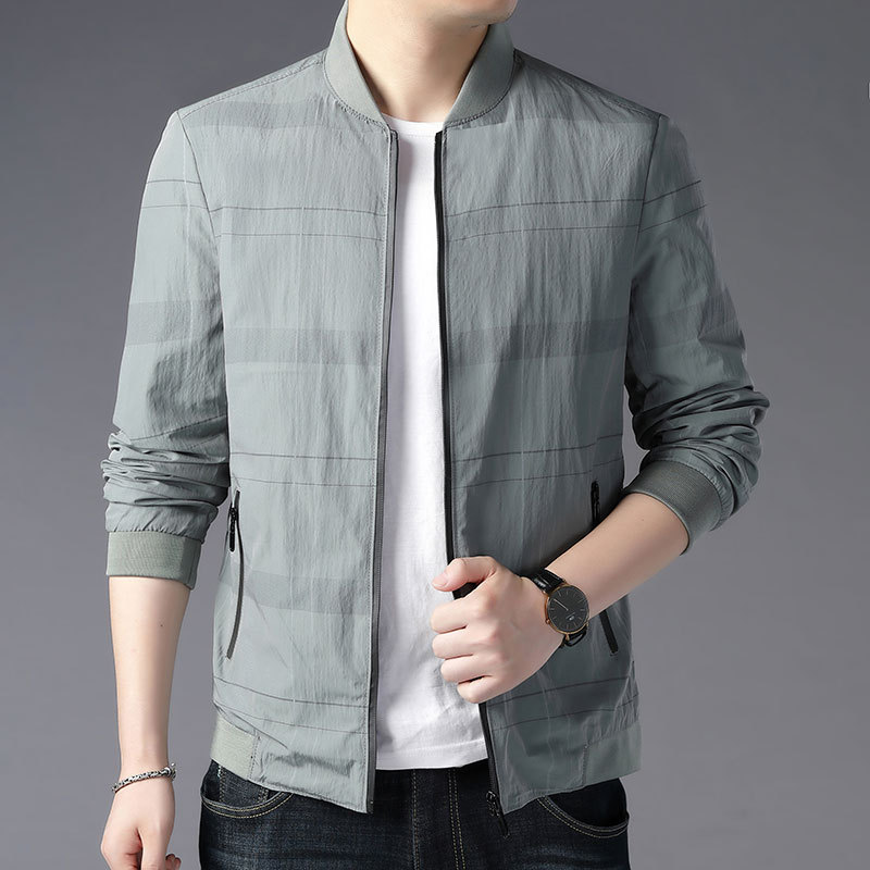 Spring 2021 new tide brand men's thin standing-collar plaid jacket middle-aged men's casual baseball jacket