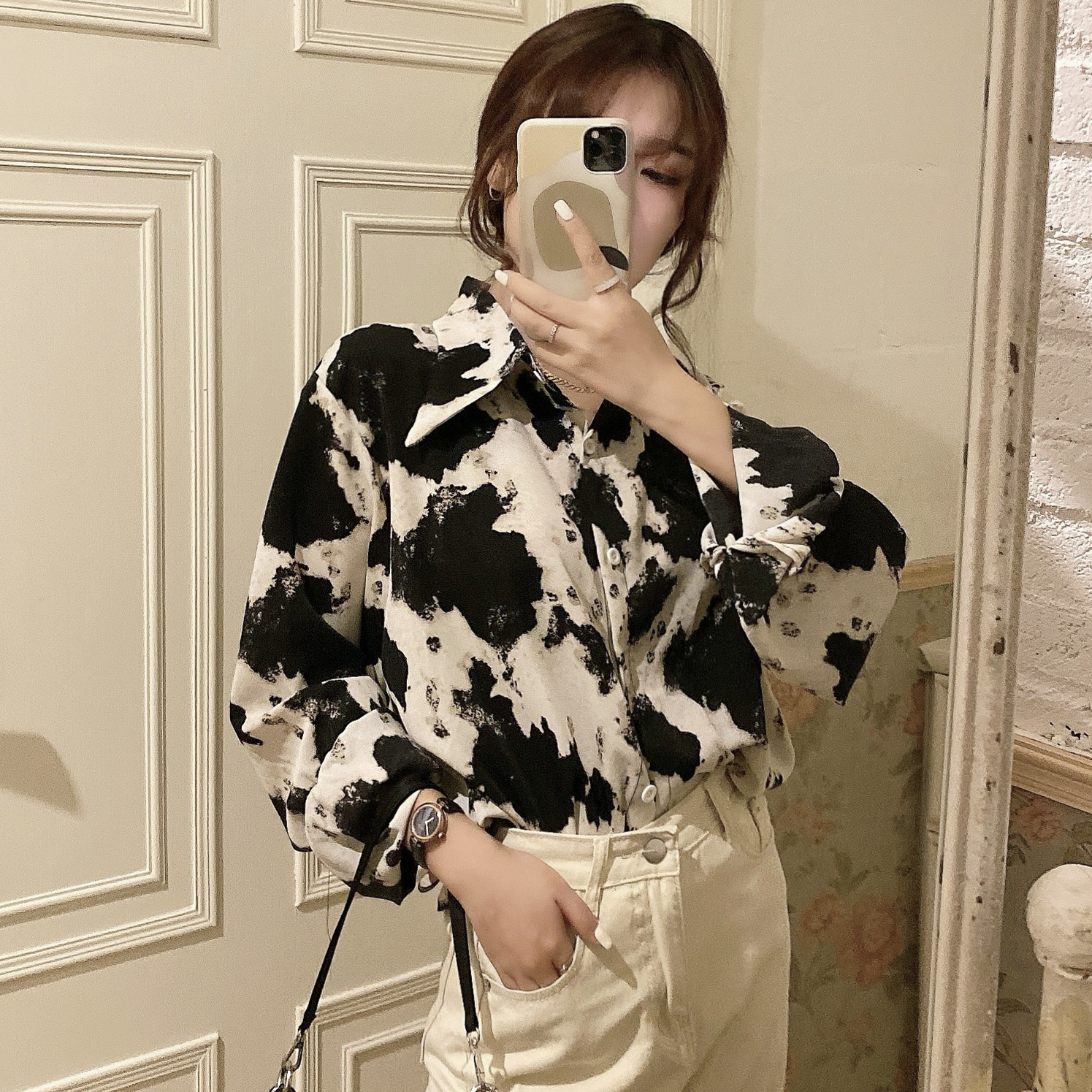 Tie-dye camouflage leopard print chiffon shirt for women, 20 new style Hong Kong-style loose and drape long-sleeved shirt Specification image