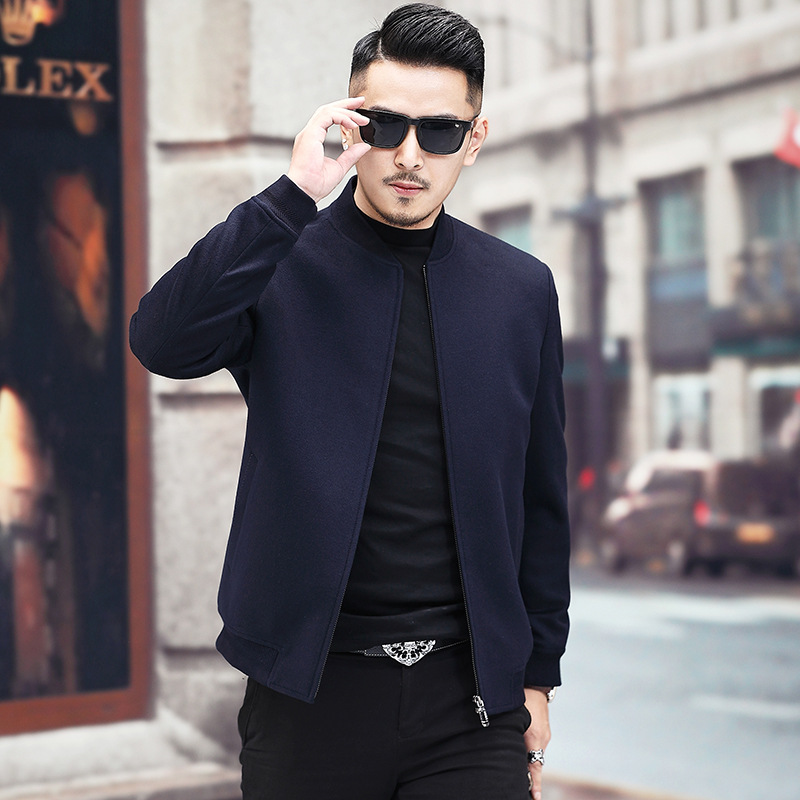 Winter young and middle-aged men's silk woollen woollen jacket men's plain short style woollen jacket baseball jacket thickened