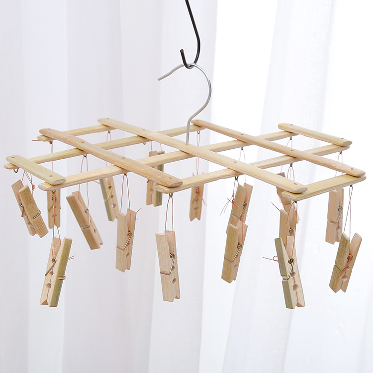 Bamboo folding type pants rack bamboo hanger multi - head drying rack household 16 head 22 socks underwear sock rack