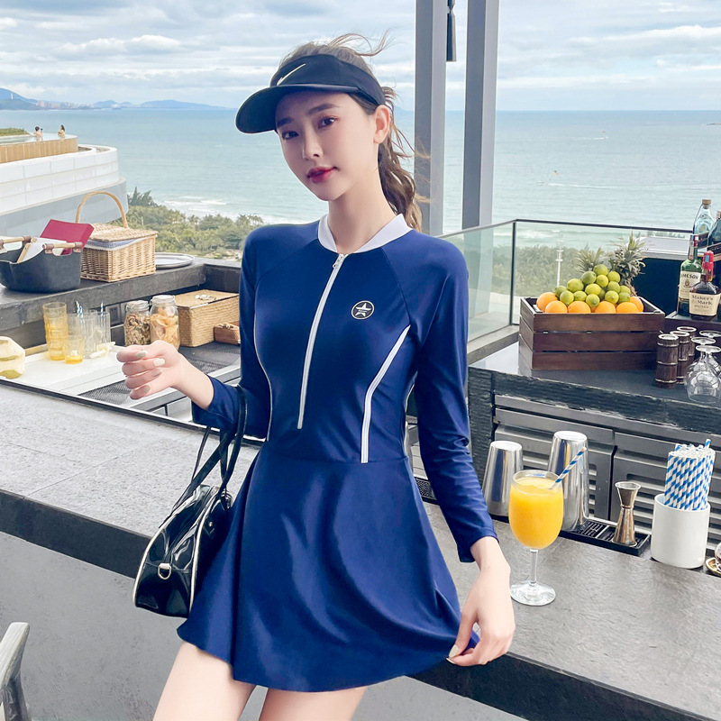 Swimsuit women's 2021 new dress style one-piece conservative small chest gathering sporty long-sleeved belly covering slimming hot spring swimming outfit Item Picture