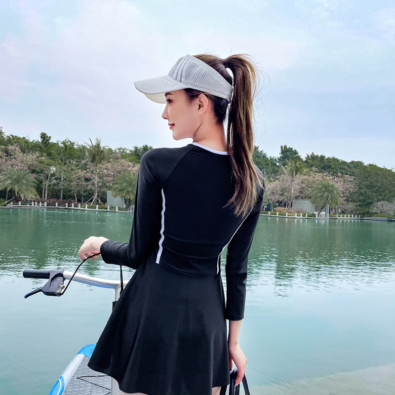 Swimsuit women's 2021 new dress style one-piece conservative small chest gathering sporty long-sleeved belly covering slimming hot spring swimming outfit Specification image
