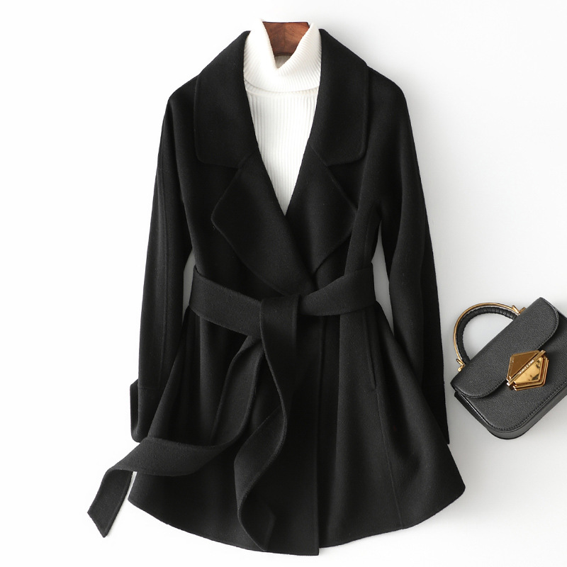 2021 New suiting collar pure wool double-sided cashmere coat Women's short Herben-style little tweed coat