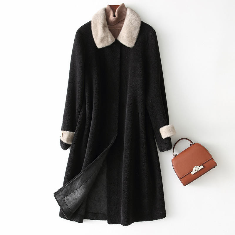 2021 new grain sheep shear coat female mink fur collar fur coat long a wholesale