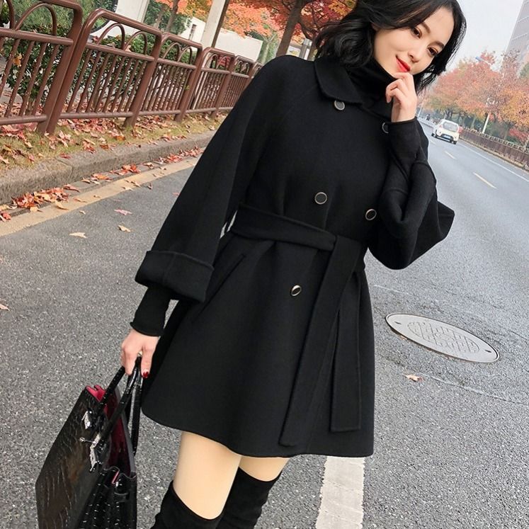Spring 2021 new winter pure color wool double-sided nylon coat fashion British style waist long coat women