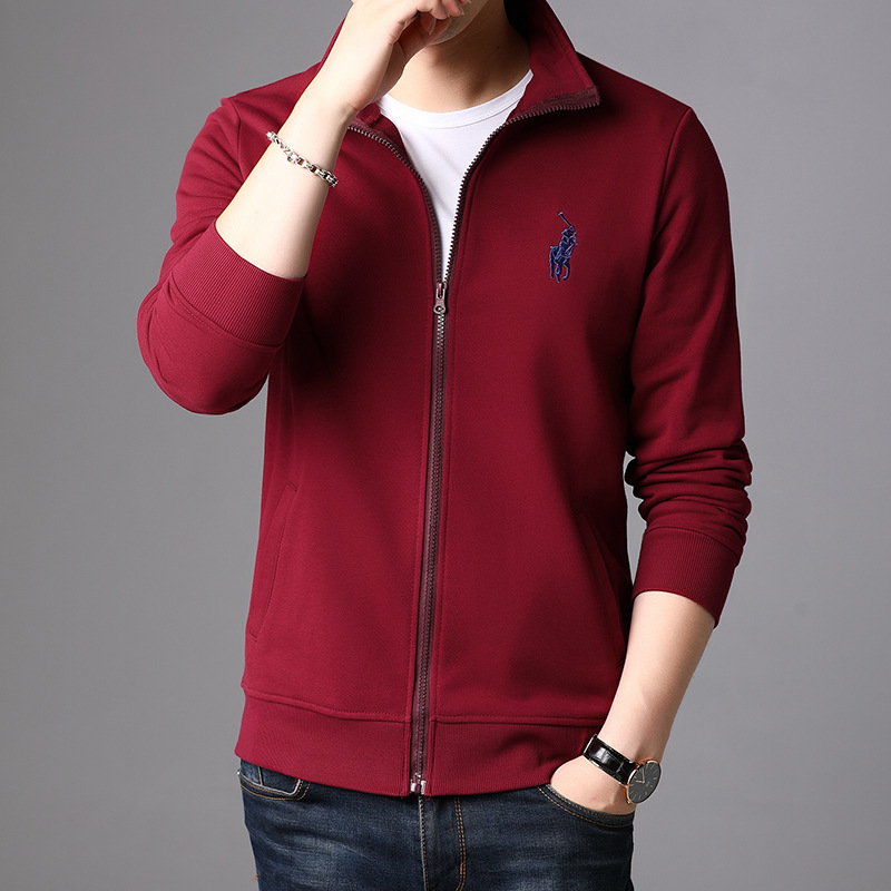 Young men's cotton soft breathable stand collar long sleeve zipper hoodie cardigan cartoon embroidered cashmere jacket