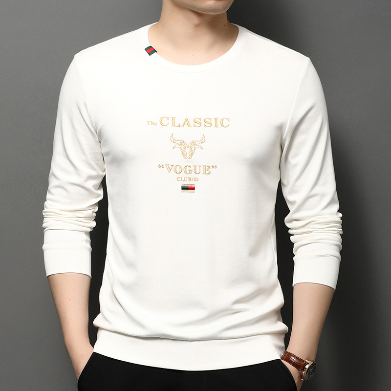 Silkworm silk long sleeve T shirt male Korean fashion autumn jacket leisure sport embroidered bottom shirt round collar hoodie male