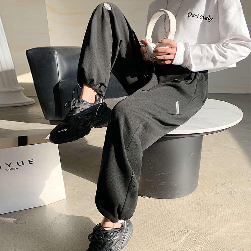 Grey sport pants for women Spring/Autumn 2021 new style loose, tight-fitting, high-waisted, drape casual straight-leg wide-leg sweatpants