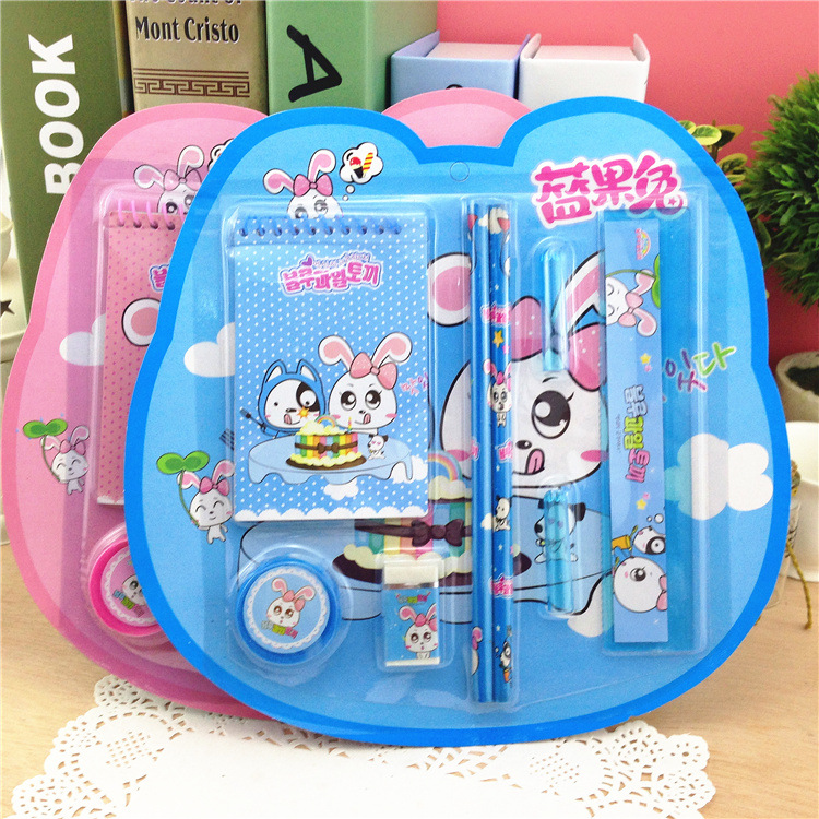 Blue Fruit Rabbit Pink and Blue 8-piece Stationery Set TZ804 Student Stationery set wholesale Taobao supply Specification image
