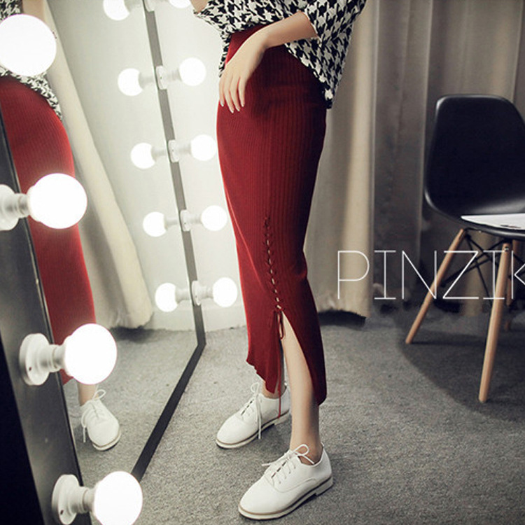 Autumn and winter new Korean-style lace-up slit high-waisted knitted body-hugging long skirt, one-step skirt, woolen skirt Application Scenario